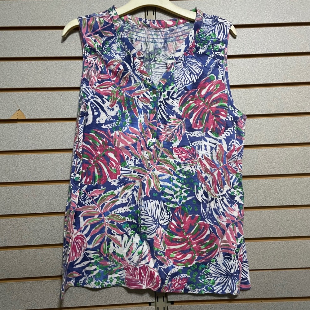 Womens Tropical Leaf Print Sleeveless V Neck Button Up Top Medium